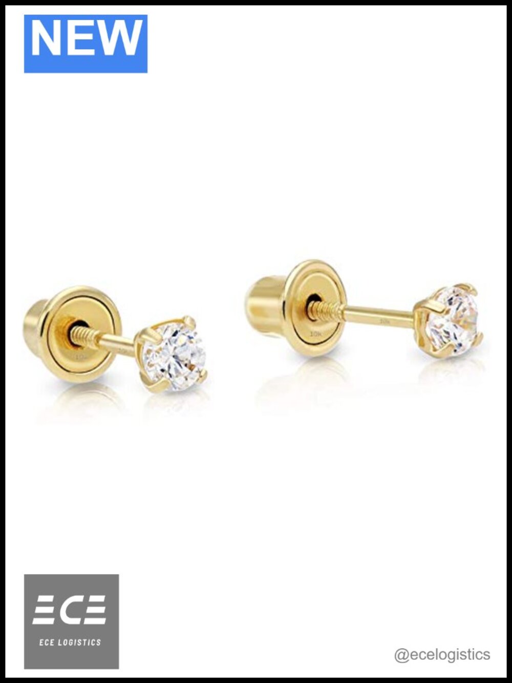 10K Yellow Gold Round CZ Solitaire Stud Earrings Screw Back